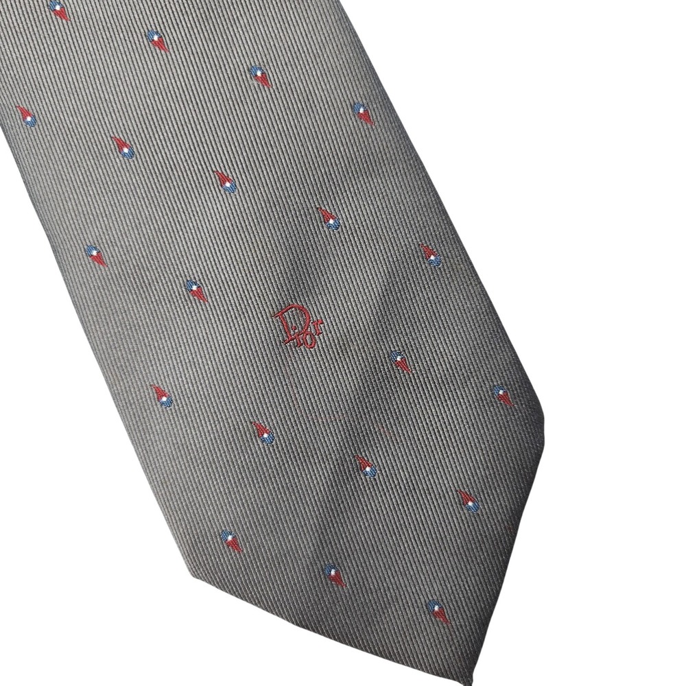 Christian Dior Tie Mens One Size Gray Skinny Geometric Embroidered Silk